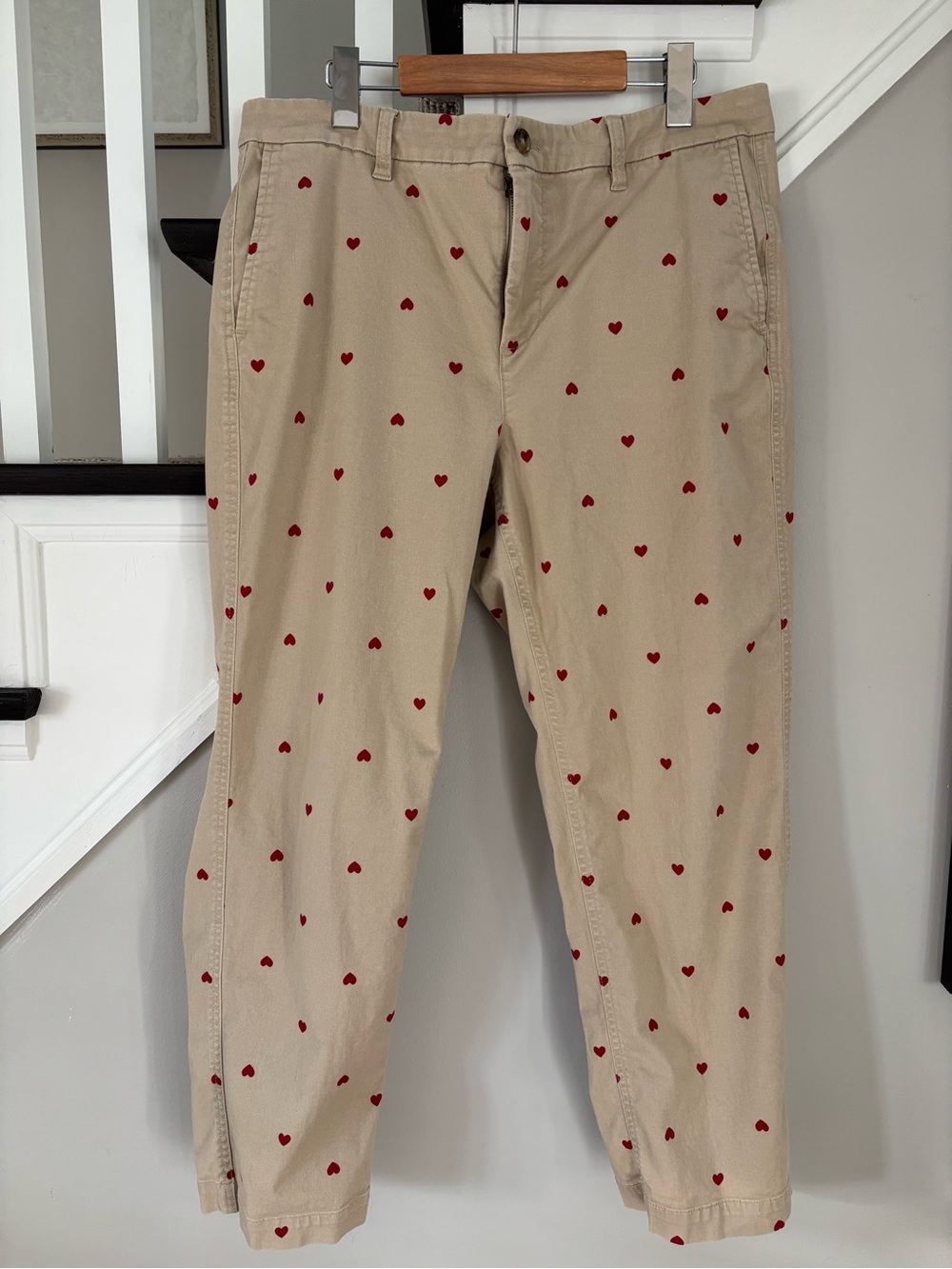 J. Crew Hi-Rise Girlfriend Chino with Small Red Heart Print, Sz 14, VGUC.
